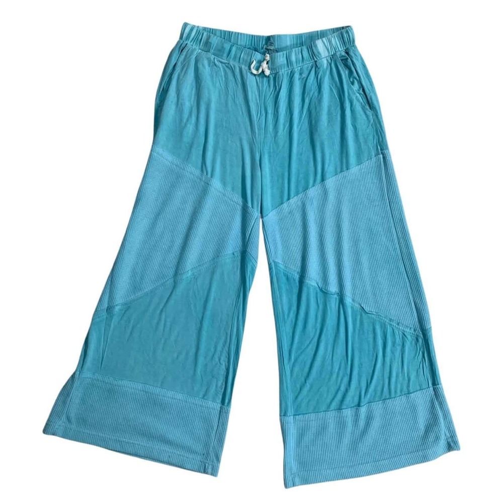 POL Patchwork Wide Leg Lounge Pants Womens M/L Teal Knit Boho TKP20